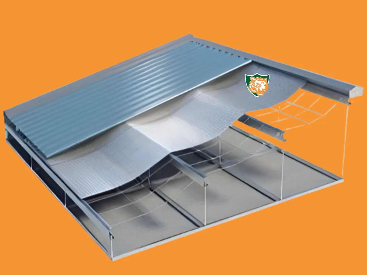 TigerShield™ factory shed insulation — installed on purlins beneath the outer GI roofing sheet, blocking 97% of solar radiant heat entering the building.
TigerShield bubble insulation sheet installed under factory shed tin roof India