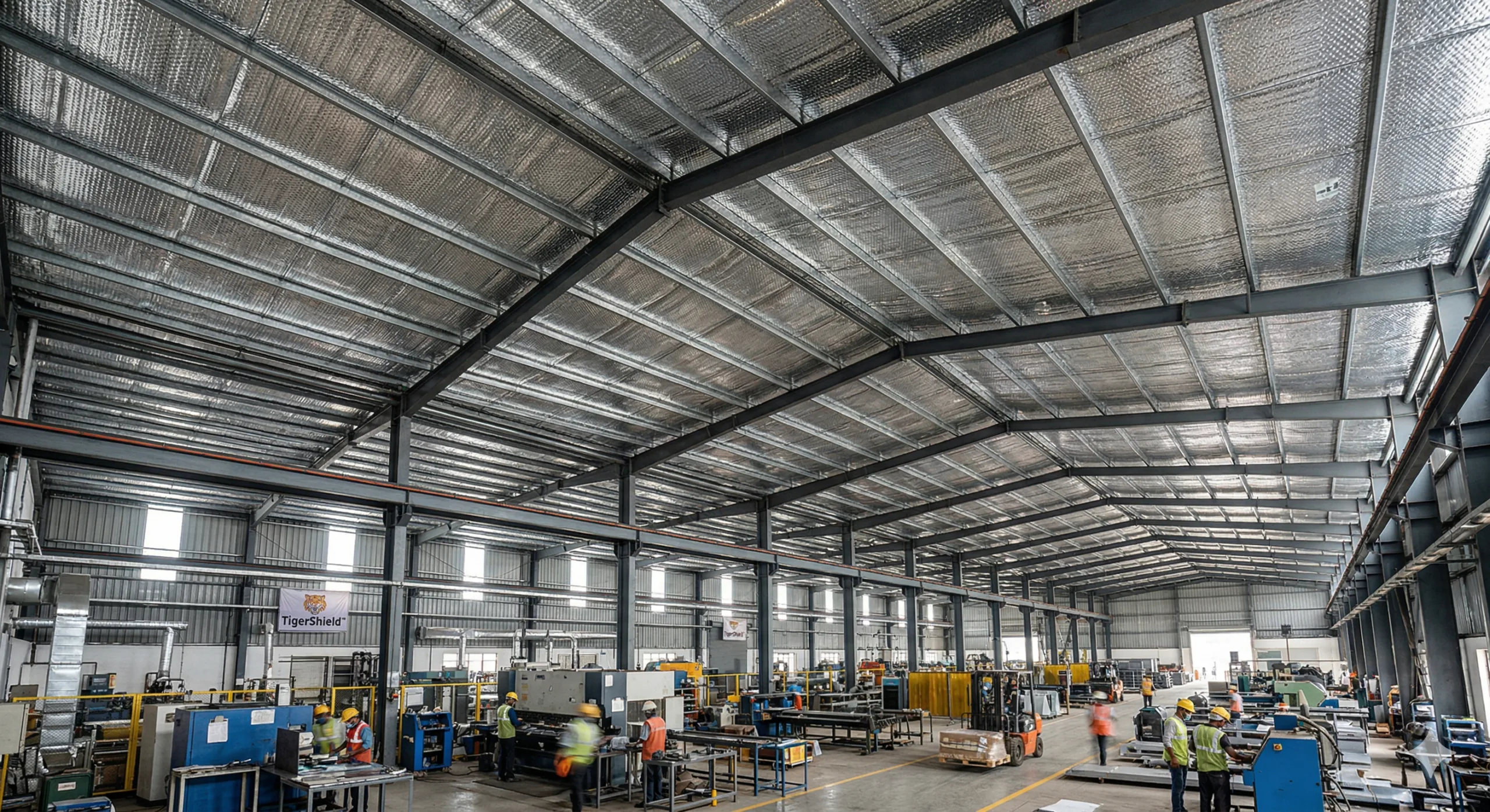 TigerShield™ roofing insulation fixed to purlins beneath the outer GI sheet — the most effective position for blocking solar radiant heat in factory sheds. TigerShield insulation sheet installed under factory shed tin roof purlins India