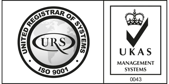 Two certification logos: URS ISO 9001 seal on the left and UKAS Management Systems mark on the right.