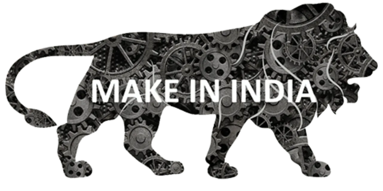Tiger silhouette made of gears with the text 'MAKE IN INDIA' across its midsection.