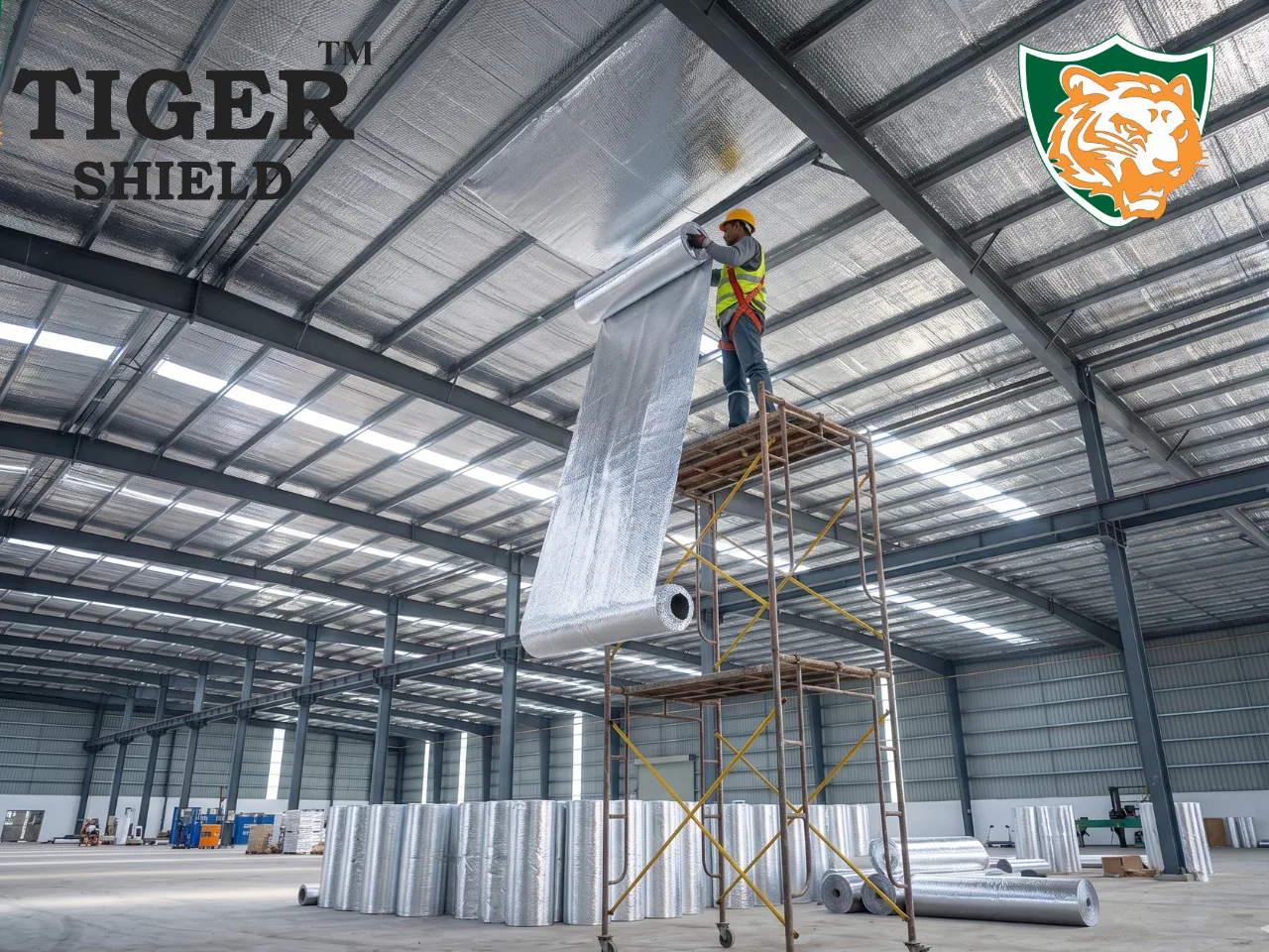 Construction worker on a scaffold installing a large roll of silver reflective bubble thermal insulation onto the steel roof purlins of a massive Pre-Engineered Building.
