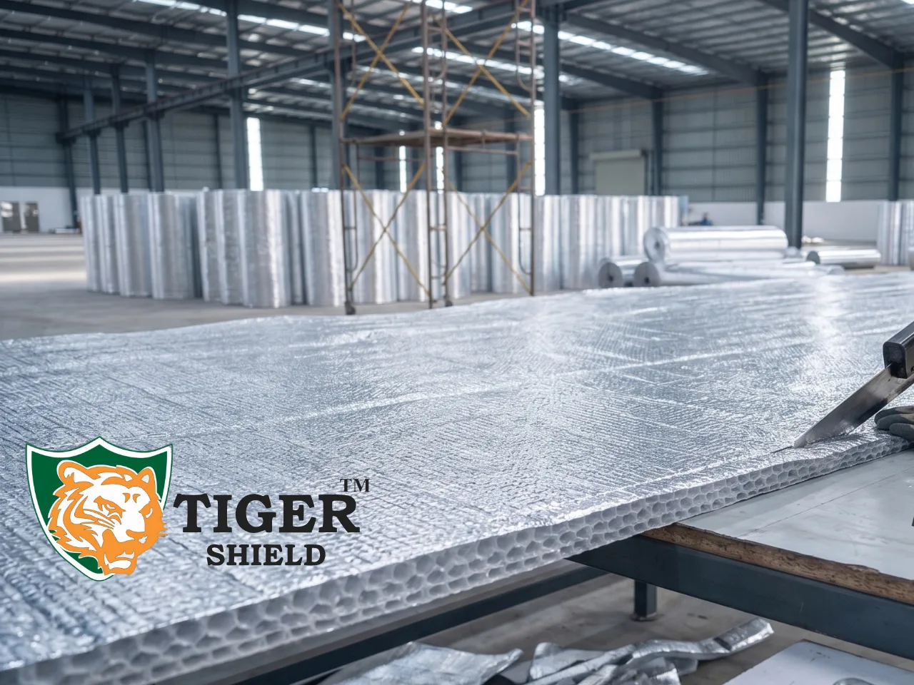A safety-equipped worker on a mobile scaffold unrolls and attaches a massive sheet of silver double-bubble thermal insulation to the vertical steel wall beams of an industrial warehouse.